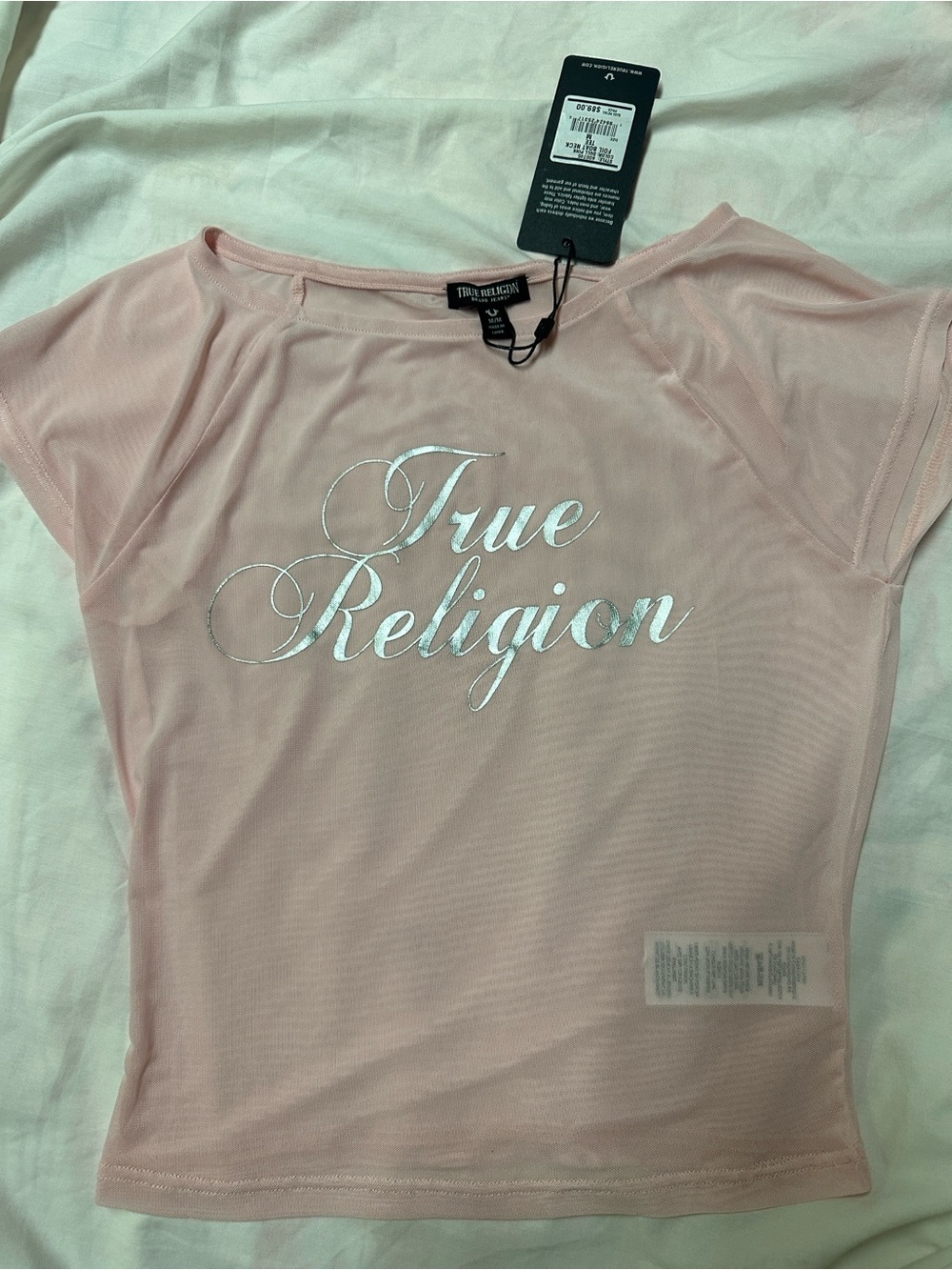 True Religion Pink Mesh Short Sleeve Top with Silver Script